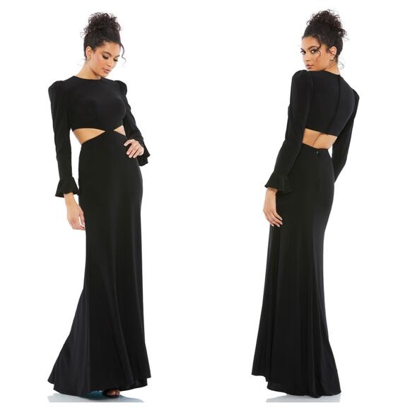 Mac Duggal Black Long Sleeve Puff Shoulder Cut Out Gown Size 0 $398 67944 Flirty - Picture 1 of 13
